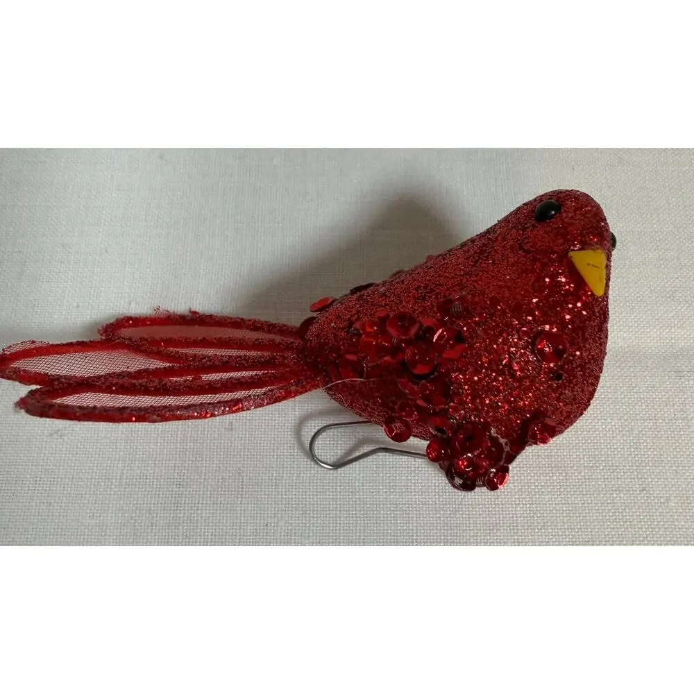 Lot of 4 Bird Christmas Ornaments Glitter Cardinal Jeweled Silver Nest
